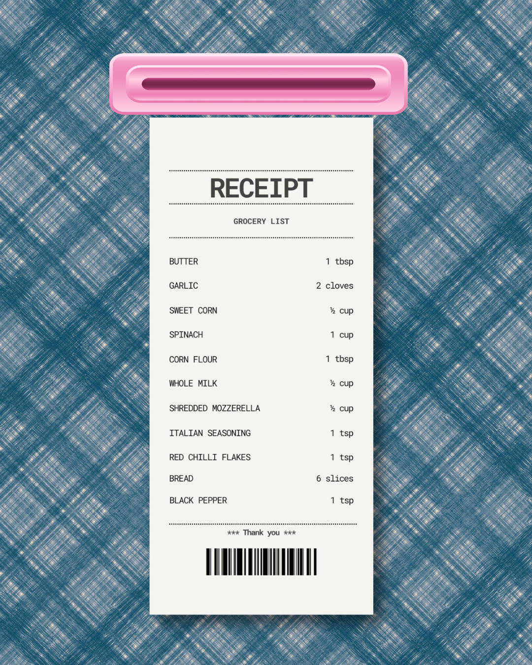 Grocery receipt with ingredient list